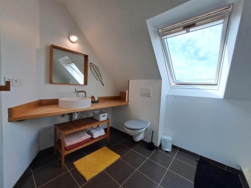 a bathroom with a sink and a toilet at Maison traditionnelle et moderne avec vue mer in Tréffiagat