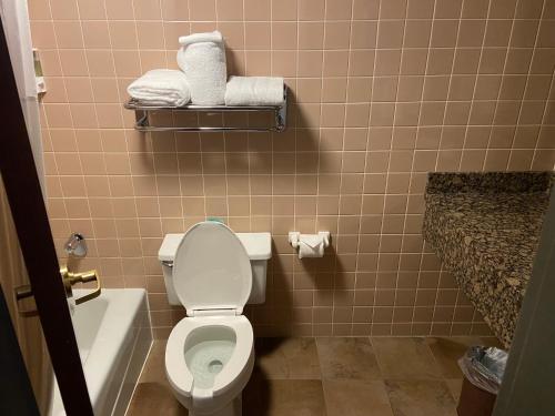a bathroom with a toilet and a tub and towels at Hotel Lotus Kansas City Merriam in Merriam
