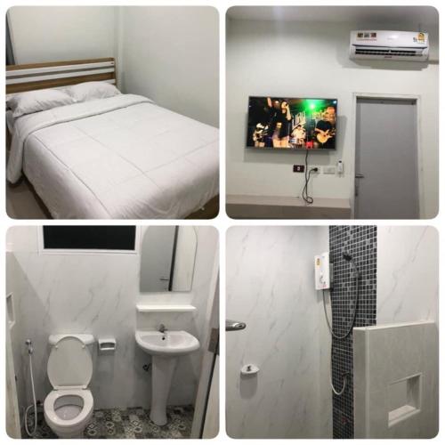 a collage of four pictures of a bedroom and a bathroom at ออมทรัพย์ รีสอร์ต in Ban Lam Ta Sao Tai