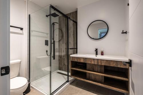 a bathroom with a sink and a toilet and a mirror at Chalet Alpine by Tremblant Platinum in La Conception