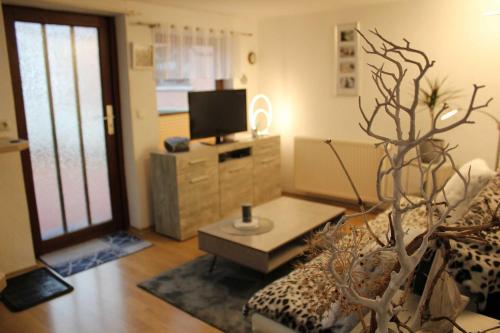 a living room with a couch and a tv at Ferienhaus Penno in Sassnitz