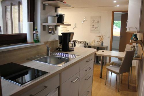 eine Küche mit einer Spüle und einer Arbeitsplatte in der Unterkunft Ferienhaus Penno in Sassnitz