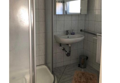 ein Bad mit einem Waschbecken und einer Dusche in der Unterkunft Ferienhaus Karger in Marlow