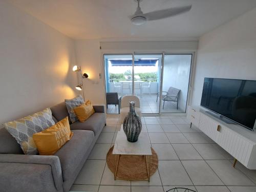 a living room with a couch and a flat screen tv at Ste Luce, N° 11 Appart -300m Plage de Mabouyas in Corps de Garde