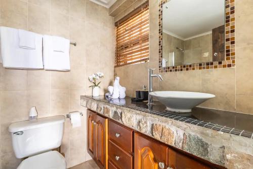a bathroom with a sink and a toilet and a mirror at Water Lovers Paradise! in Ocho Rios
