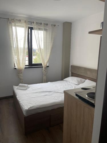 a small bedroom with a bed and a window at Garsoniera Luca in Drobeta-Turnu Severin