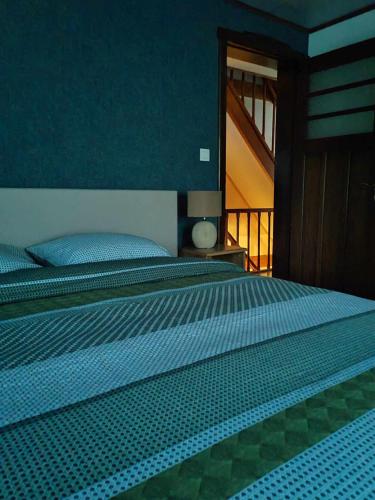 a bedroom with a bed with blue sheets and a window at Li Pitite Magrite in Manhay