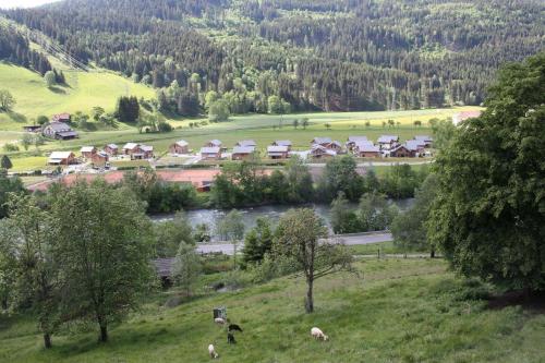 a group of cows grazing in a field next to a river at Chalet-Prinz-Murau-Kreischberg in Murau