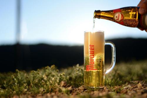 a person pouring a bottle of beer into a cup at Chalet-Prinz-Murau-Kreischberg in Murau