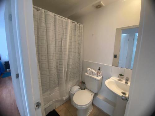 a white bathroom with a toilet and a sink at Apartamento altos del boldo in Curicó