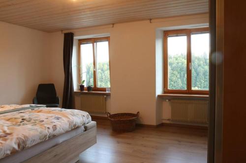 ein Schlafzimmer mit einem Bett und zwei Fenstern in der Unterkunft Appartement de vacances in Saulcy