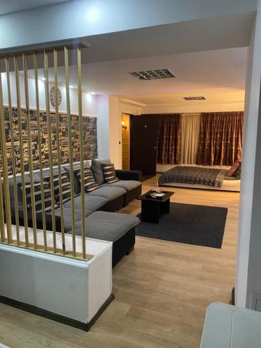 a large living room with a couch and a bed at Karra Hotels in Voluntari