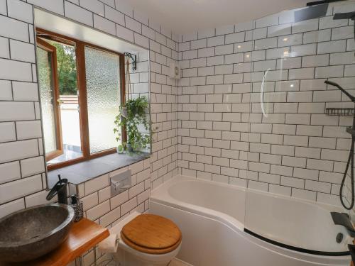 a bathroom with a tub and a toilet and a sink at Rudbaxton Water in Haverfordwest