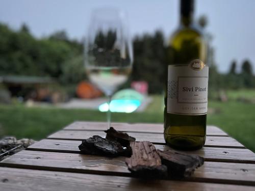 a bottle of wine sitting on top of a wooden table at Moderní dům s bazénem a saunou, Žďárské vrchy in Malá Losenice