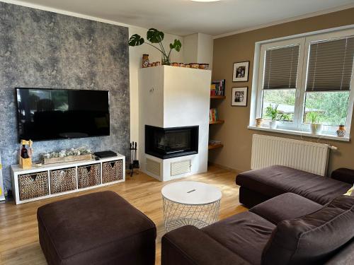 a living room with a couch and a flat screen tv at Moderní dům s bazénem a saunou, Žďárské vrchy in Malá Losenice