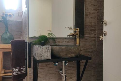 a bathroom with a stone sink and a mirror at Finca El Pilar in Madridejos