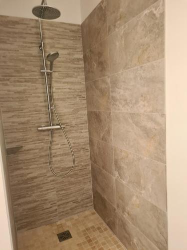 La salle de bains est pourvue d'une douche et d'un mur en pierre. dans l'établissement Maison en plein nature, à Villemus