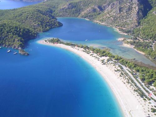 an aerial view of a beach and the ocean at Fethiye Pension in Fethiye