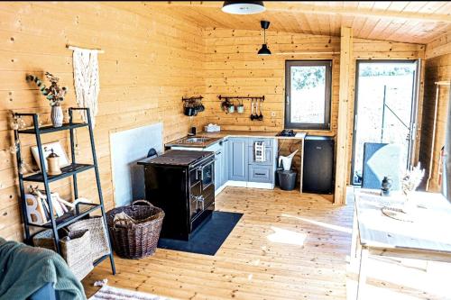 a kitchen with a stove in a wooden cabin at Chata louka in Plzeň