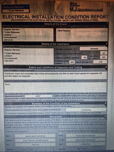a piece of paper with an electrical installation documentation report at Seilebost in Lewiston