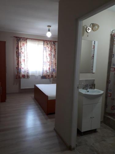 a bathroom with a bed and a sink and a window at Casa Andrei Retezat in Haţeg
