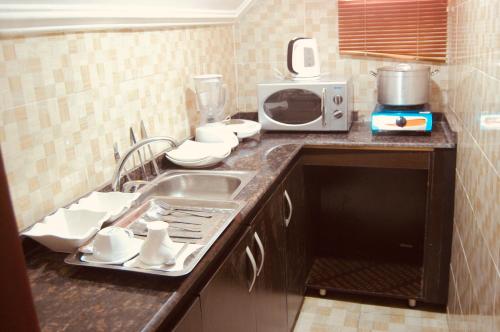 uma cozinha com um lavatório e um micro-ondas em E-Suites Hotel, Abuja em Abuja