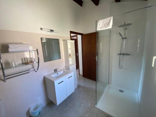 a bathroom with a shower and a toilet and a sink at Résidences Anna in Centuri