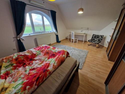um quarto com uma cama e uma grande janela em House with 3 bedrooms and pool em Nová Lipnica