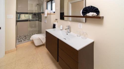 uma casa de banho com um lavatório, um chuveiro e um WC. em Seven Mile View Condo #4 em West Bay