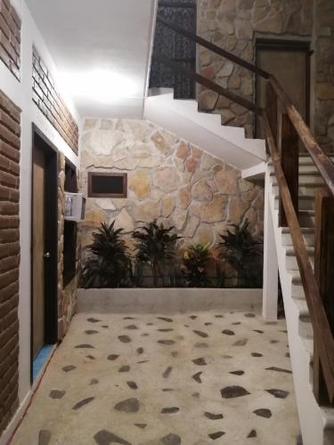 a hallway with a stone wall and stairs with plants at HOTEL AVE FENIX in Mazunte