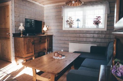 ein Wohnzimmer mit einem Tisch und einem TV in der Unterkunft Mellanströms Stugby in Arjeplog