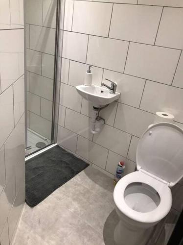 a bathroom with a toilet and a sink at Bedfont House in New Bedfont
