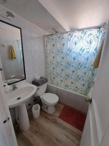 y baño con aseo, lavabo y espejo. en DEPARTAMENTO FRENTE AL MAR, en Iquique
