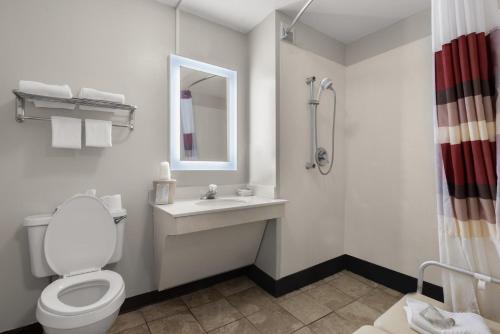 a bathroom with a toilet and a sink and a mirror at Red Roof Inn & Suites Savannah Airport in Savannah
