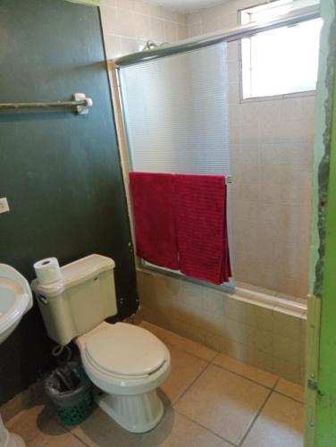 y baño con aseo y ducha con toallas rojas. en Departamento #7, en San Felipe