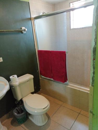 a bathroom with a toilet and a shower with red towels at Departamento #7 in San Felipe