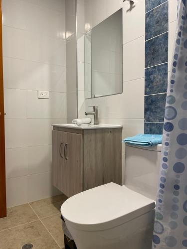 a bathroom with a toilet and a sink and a mirror at Cucuate Hospedaje in Choachí