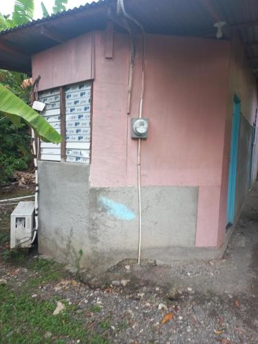 una casa rosa con un tubo sul lato di Seaside Inn a Port Antonio