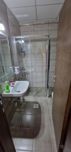 a bathroom with a glass shower and a sink at cocoluxapartmanl73 in Trnava