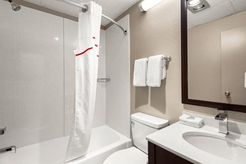 a bathroom with a shower and a toilet and a sink at Red Roof Inn Norwich in Norwich