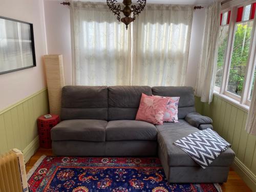 a living room with a gray couch with pillows on it at Gardenia House in Stanley