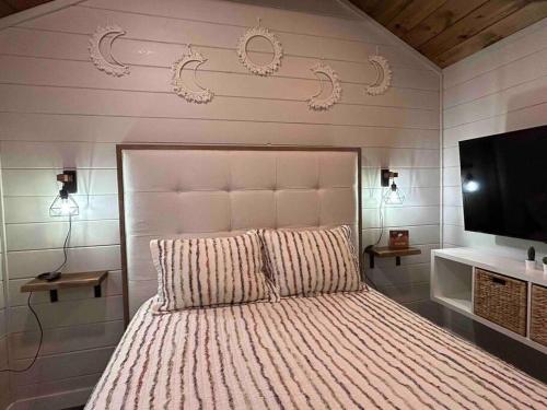 a bedroom with a large bed and a television at Blissful Nook Tiny Home ~ Cozy Retreat w/ Hot Tub; near Town and Deep Creek in Bryson City