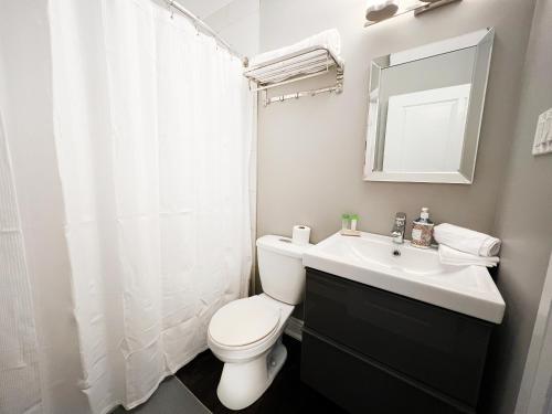 bagno con servizi igienici, lavandino e specchio di The Capri Suite in Old South London a London