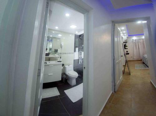 a bathroom with a toilet and a sink and a mirror at MODERN 3 BDRM KING BED 2BATHRM HOT WATER WIFI in Santo Domingo