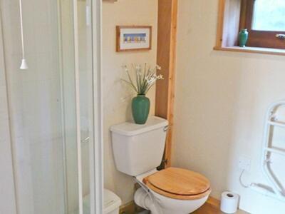 a bathroom with a toilet with a green vase on it at Garden Lodge in Llanvair Waterdine