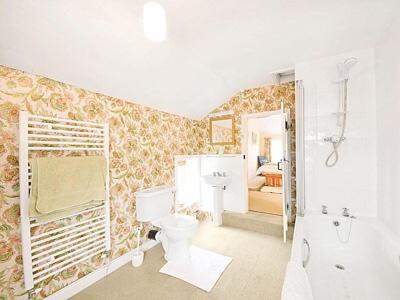 a bathroom with a toilet and a shower and a sink at Church Lane in Llanidloes