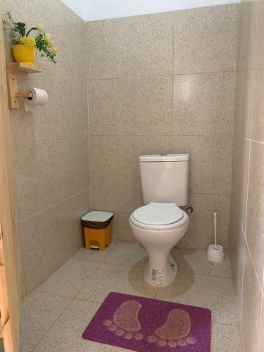 a bathroom with a toilet and a purple rug at Ecocampingdage in Buíque
