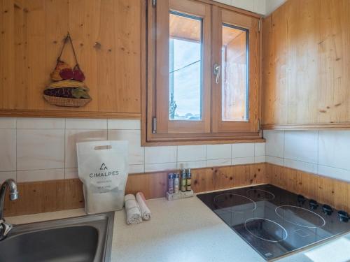 un comptoir de cuisine avec un évier et une fenêtre dans l'établissement Appartement au centre de la station avec balcon dans chalet, animaux acceptés - FR-1-645-45, à Huez