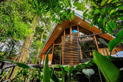 a tree house in the woods with a large window at Tityra Lodge in Monteverde Costa Rica