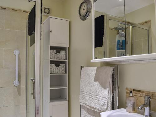 a bathroom with a shower and a sink and a mirror at Kingsway Apartment in Langstone